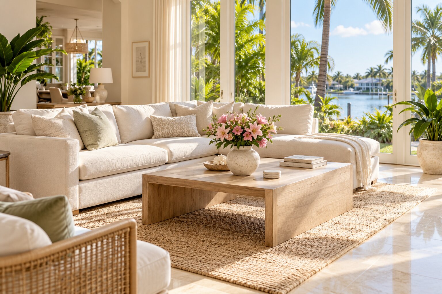 Bright, freshly cleaned living room with natural light and pink flowers